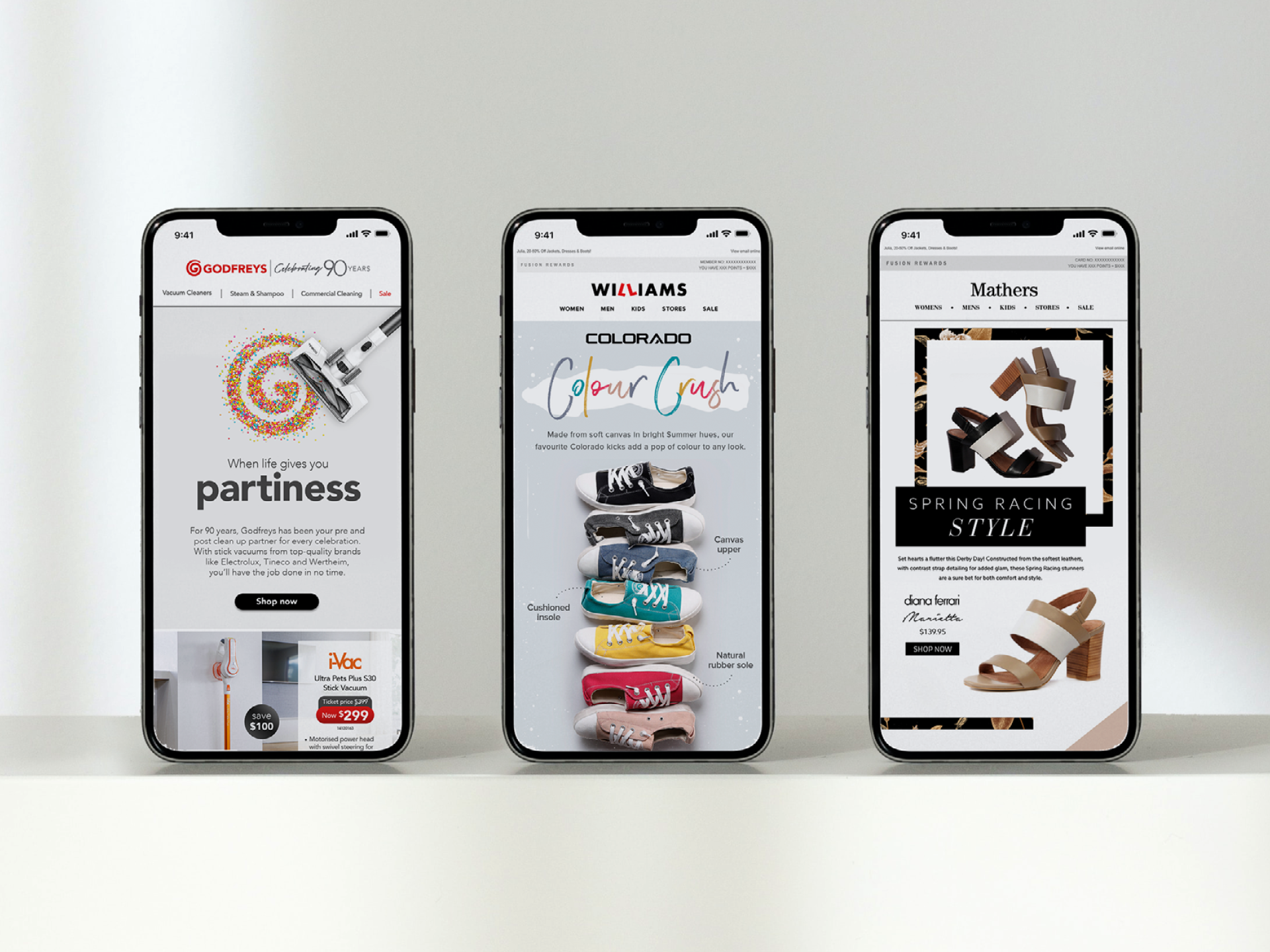 Godfreys, Williams and Mathers eDMs on mobile phones