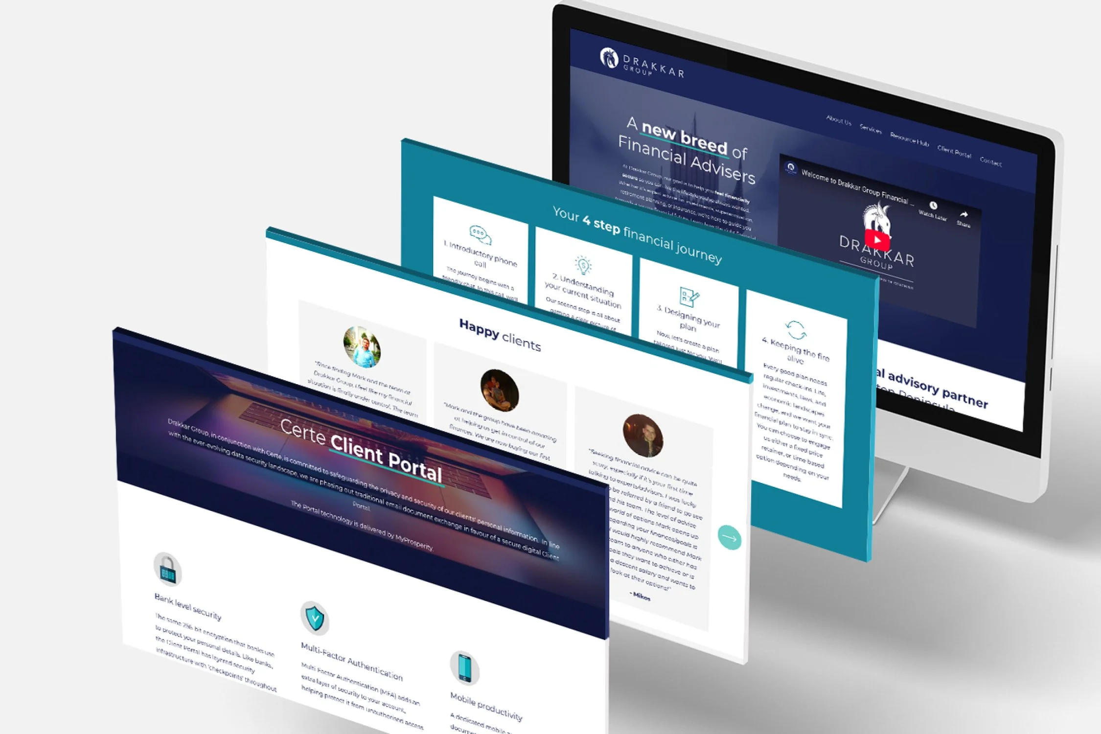 Range of website designs mocked up on four tablet screens
