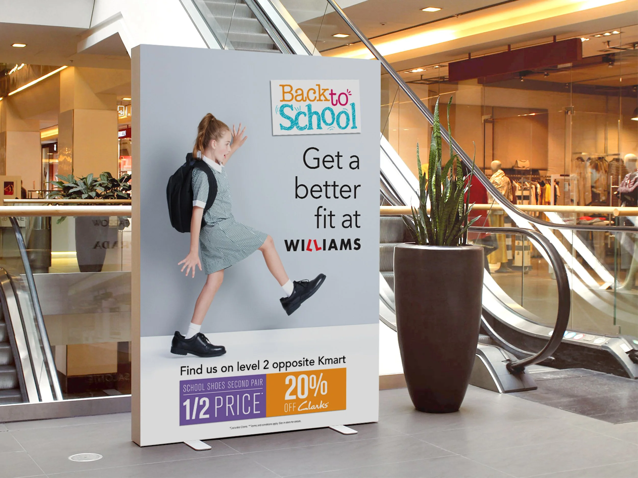 Shopping centre advertising billboard for William Back To School campaign