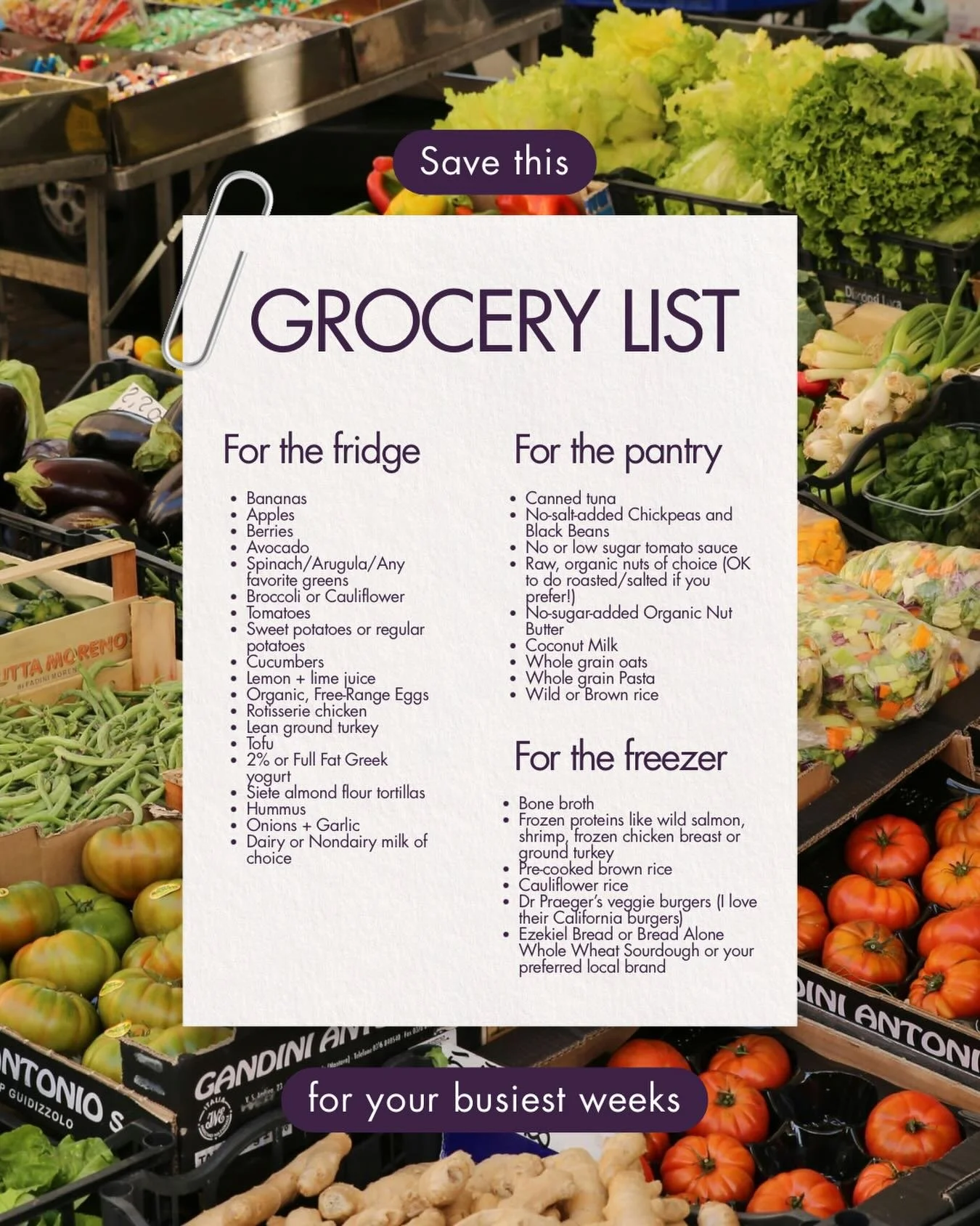 Busy week? Trust me, I know what that&rsquo;s like!

We&rsquo;ve got you covered on the grocery front - no need to make your own! Save this dietitian-approved grocery list for the next time you hit the store.

Need help with meal planning and getting