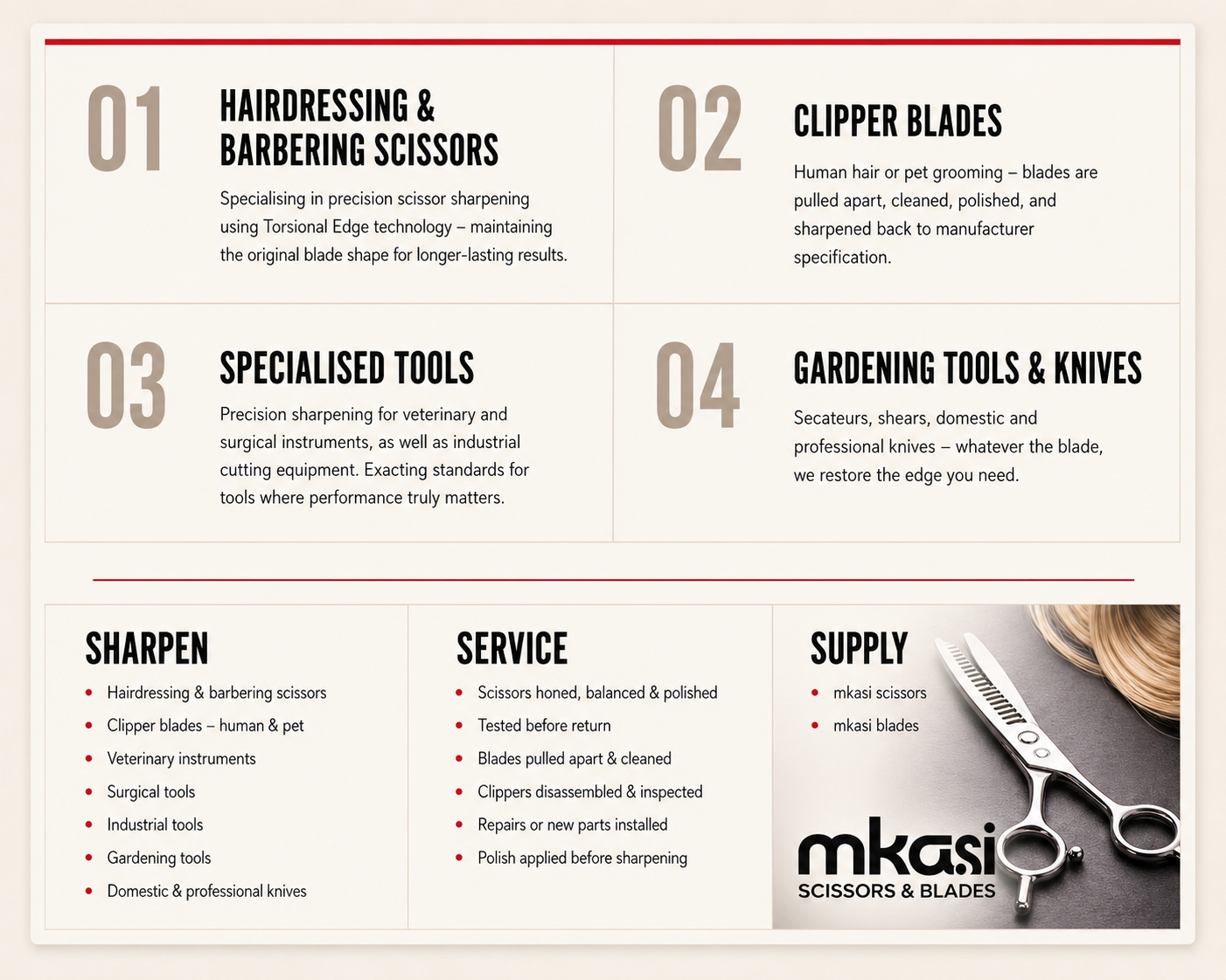 A promotional poster or brochure for mkpasi, a company specializing in scissors and blades. It details four categories: hairdressing and barbering scissors, clipper blades, specialized tools, and gardening tools and knives. The lower section emphasizes sharpening, service, and supply of scissors and blades, with a close-up image of scissors and blades.