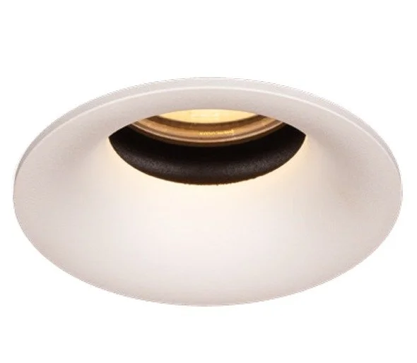 Recessed ceiling light fixture with diffused white trim and a visible LED bulb.