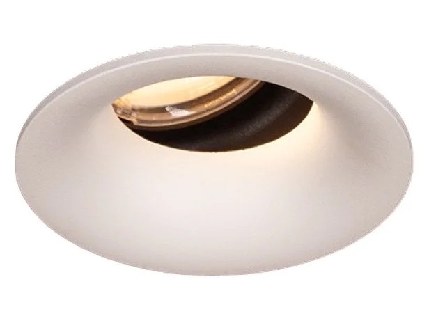 Close-up of a round ceiling light fixture with a recessed light bulb.