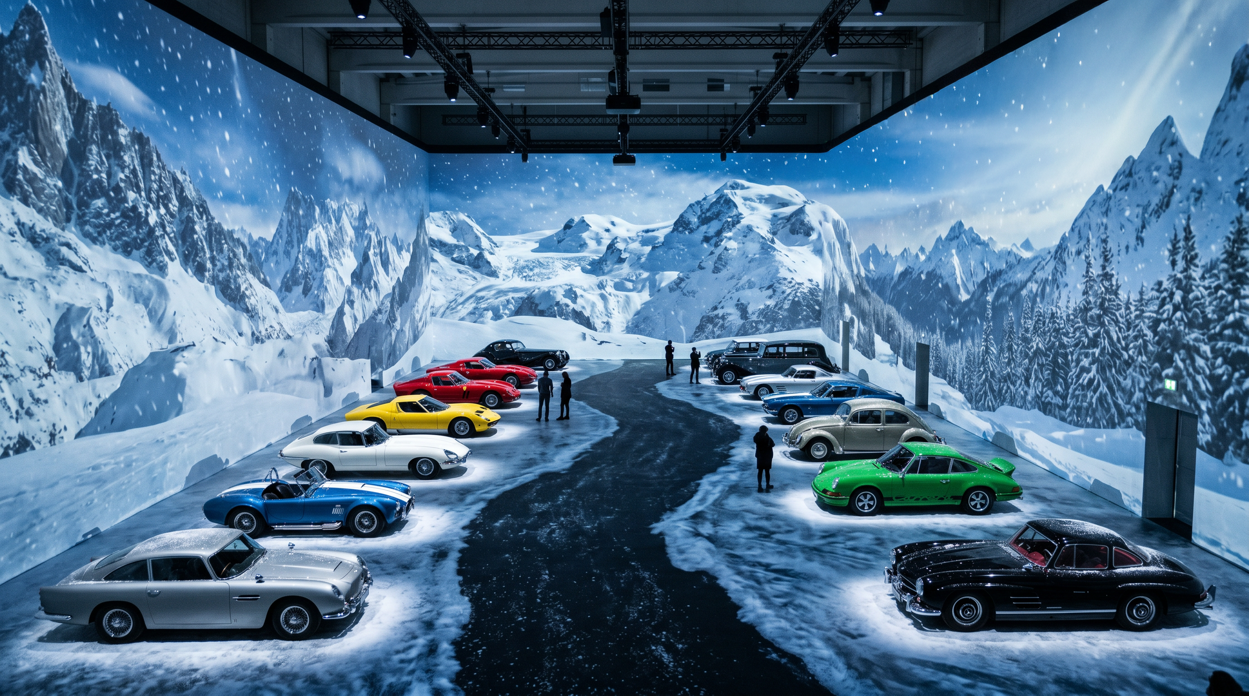 Indoor ski-themed exhibit with classic cars and mountain landscape background