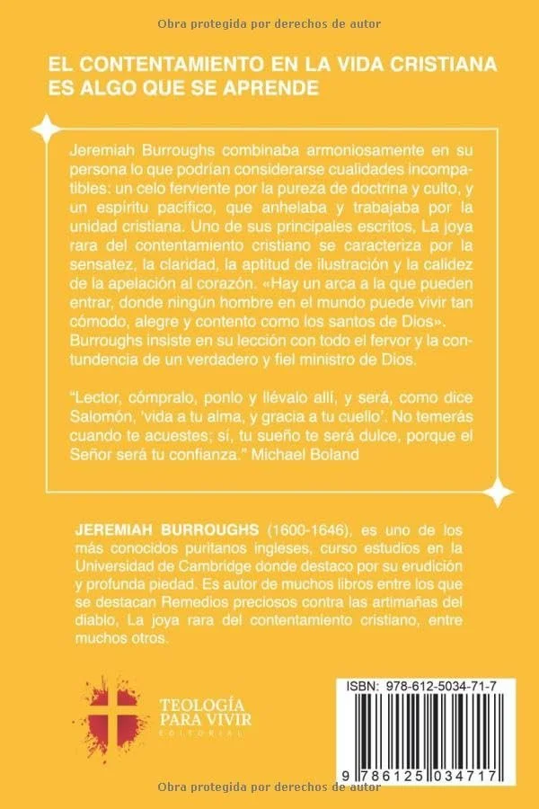 Contraportada del libro La joya rara del contentamiento cristiano de Jeremiah Burroughs