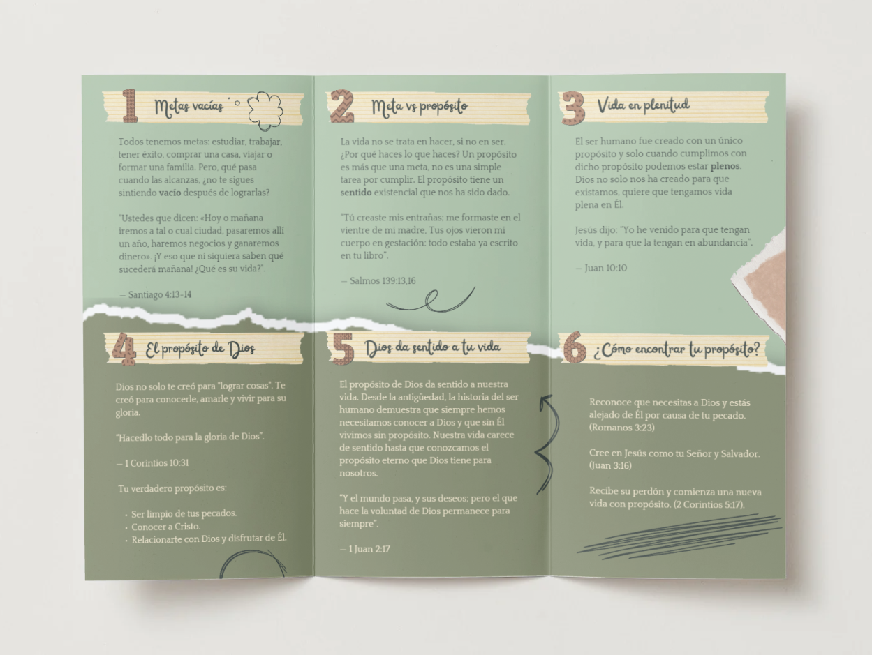 Folleto de evangelismo personal Propósito o metas de la Iglesia Soli Deo Gloria.