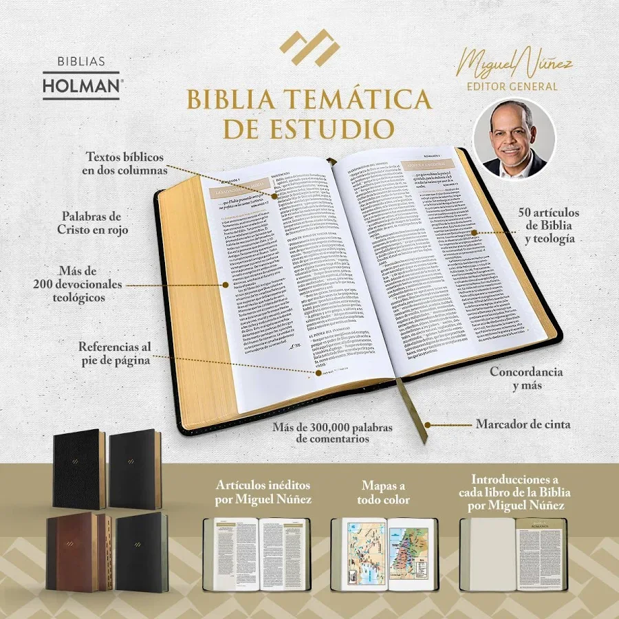 Contraportada caja de la Biblia de estudio temática Miguel Núñez RVR60