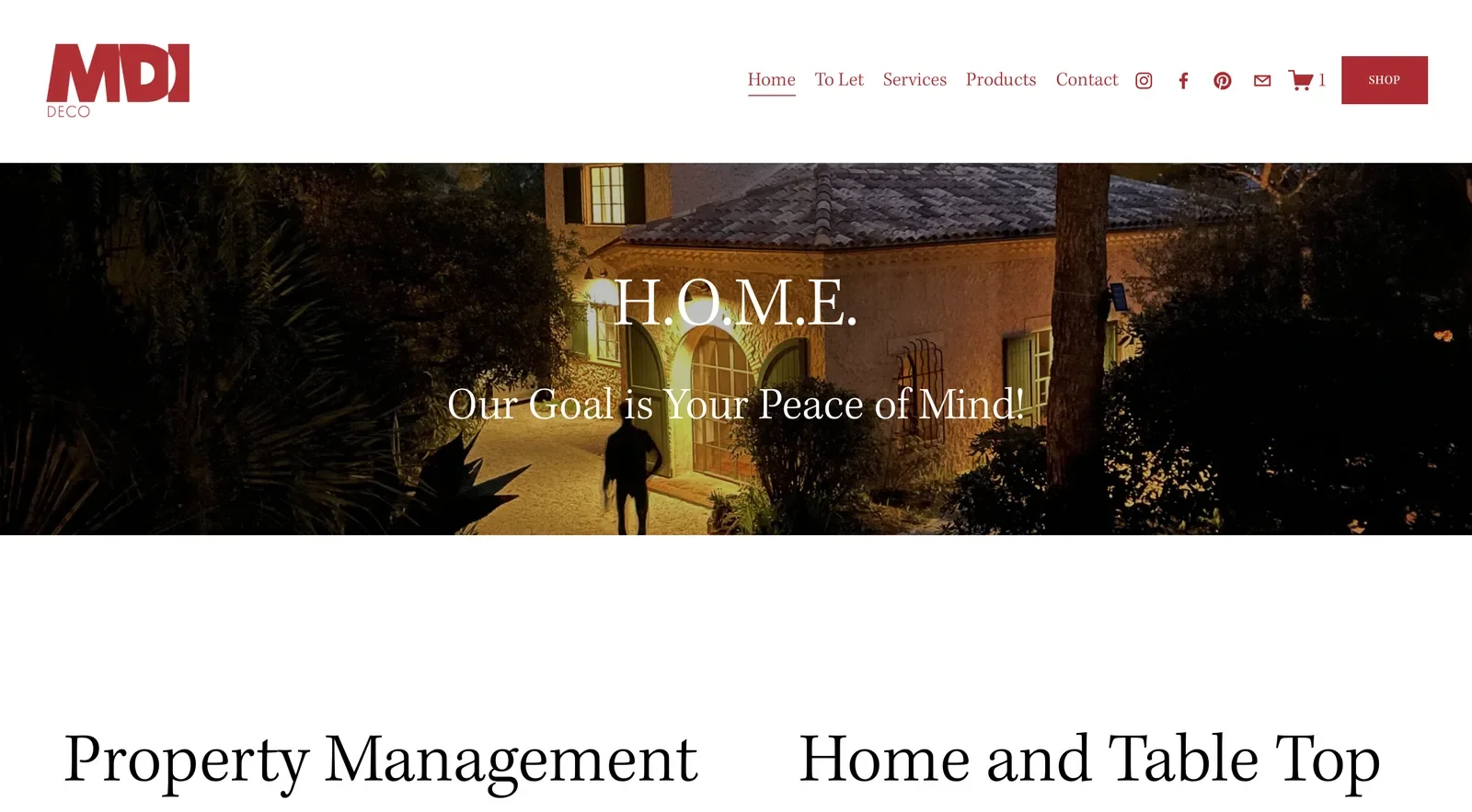 MDI DECO website homepage titled "H.O.M.E." with a night photo of a Provençal villa entrance and the tagline "Our Goal is Your Peace of Mind"
