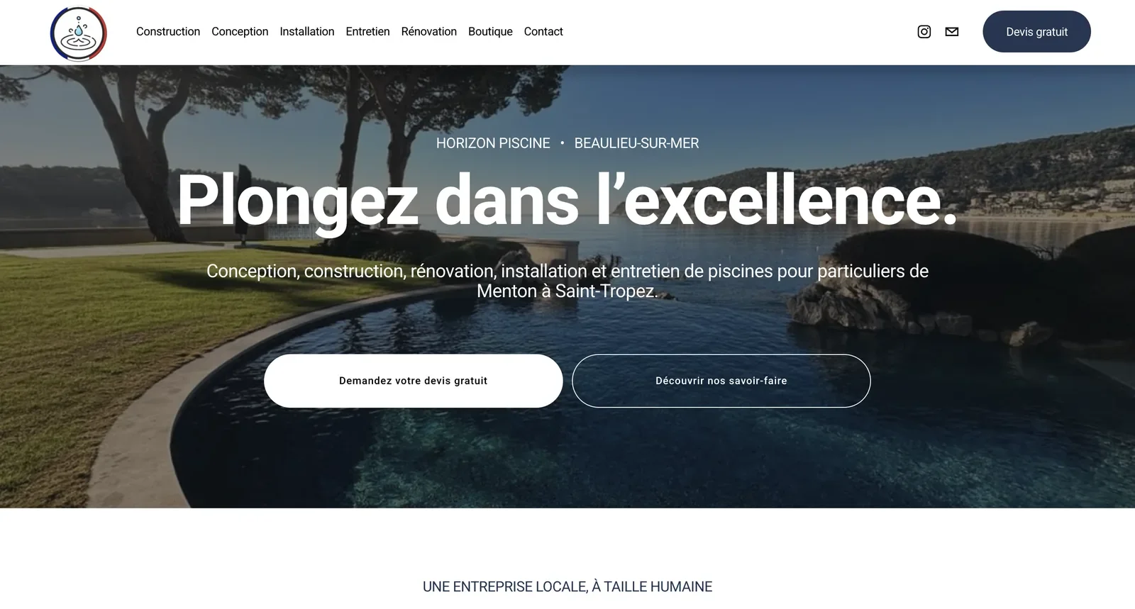 Horizon Piscine website homepage with an infinity pool overlooking the French Riviera coastline and the headline "Plongez dans l'excellence"