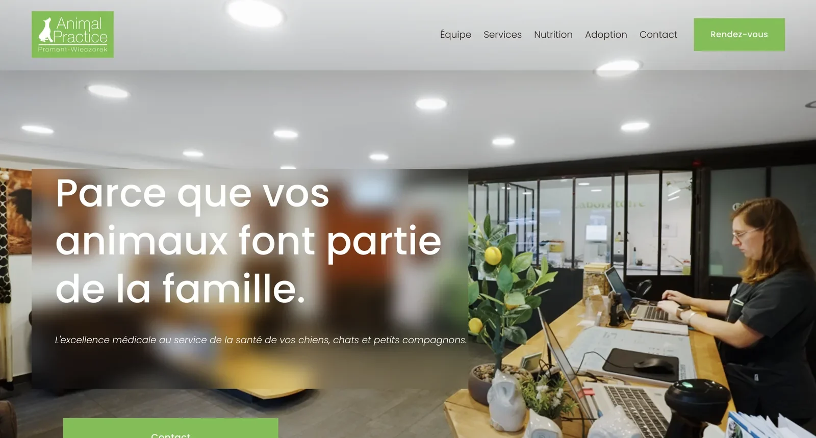Animal Practice veterinary clinic website homepage with a photo of the reception desk and the headline "Parce que vos animaux font partie de la famille"
