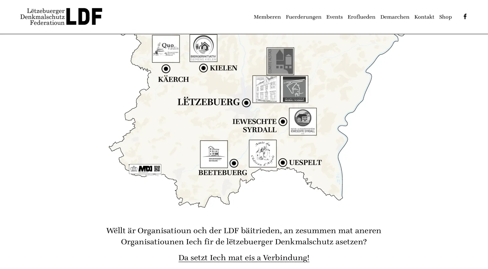 LDF – Lëtzebuerger Denkmalschutz Federatioun website homepage showing an interactive map of Luxembourg with member heritage associations