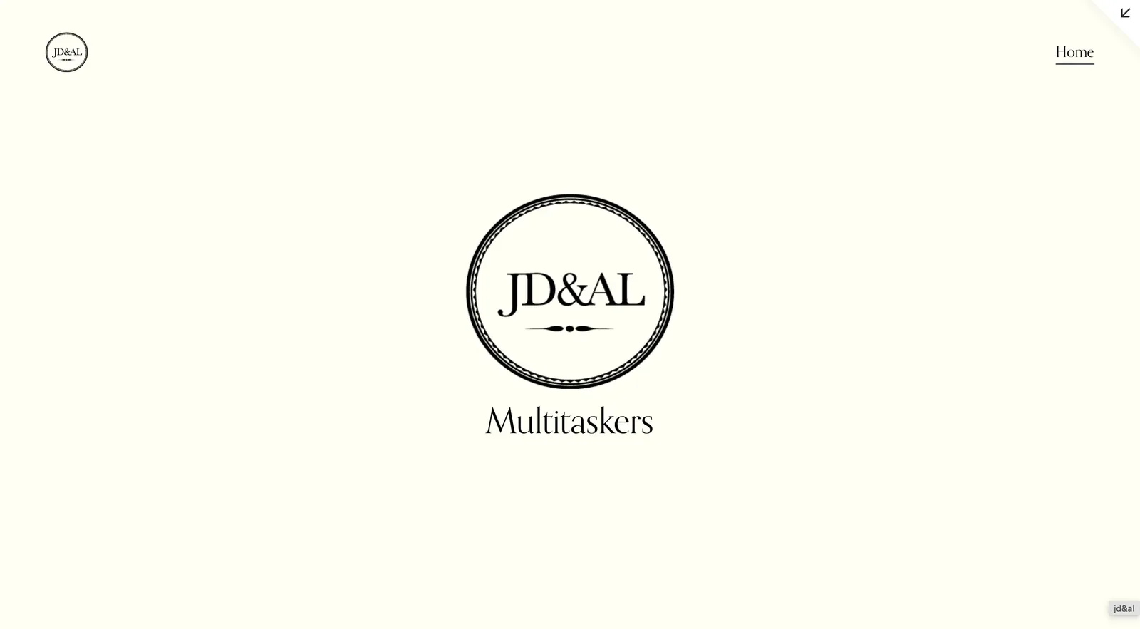 JD&AL Multitaskers website homepage with a circular monogram logo on a cream background