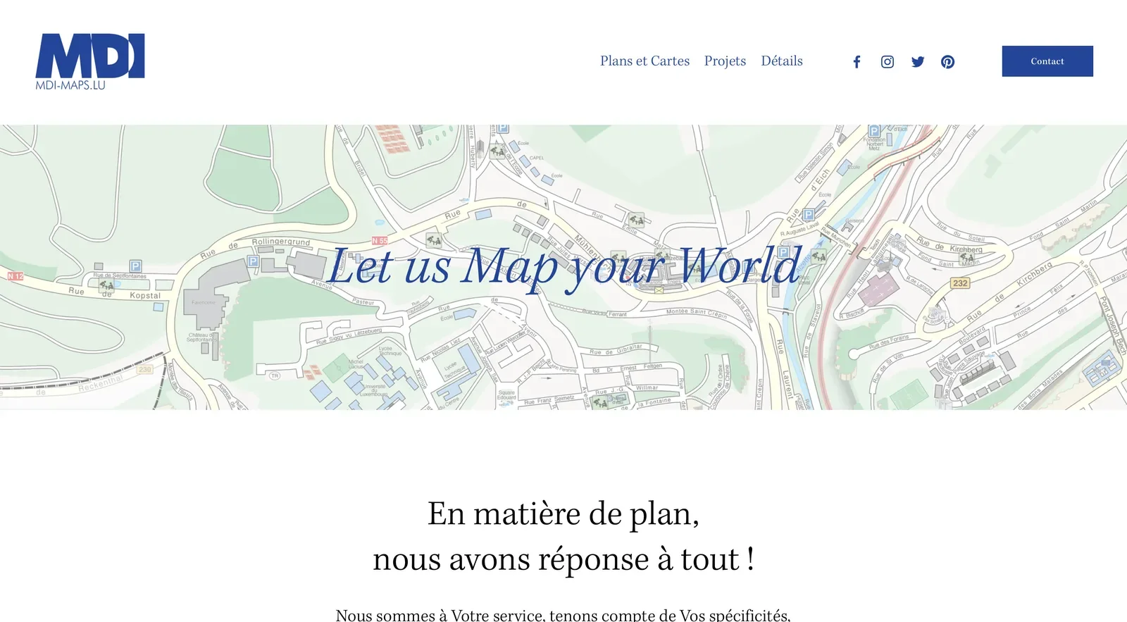 MDI-MAPS.LU website homepage featuring a detailed city map background and the tagline "Let us Map your World"