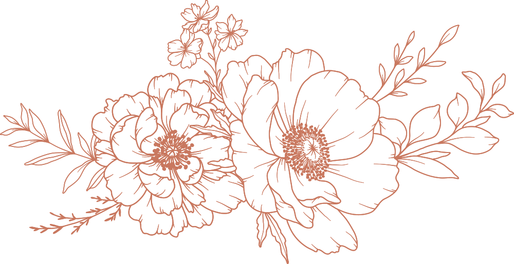 Line drawing of a peony and a poppy in a small bouquet