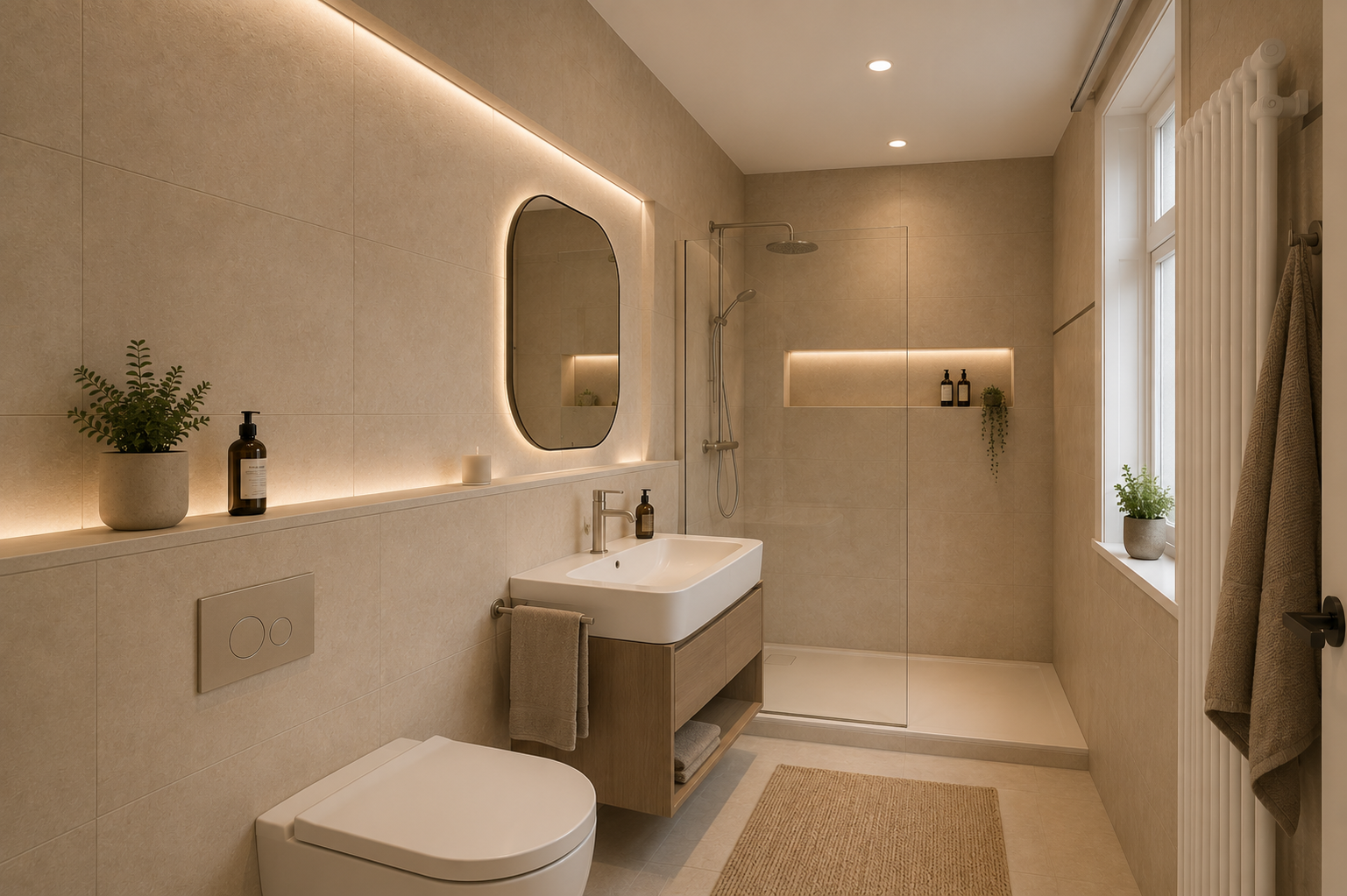 Modernes Badezimmer mit Wandspiegel, Waschbecken, Dusche, Pflanzen und natürlichen Farbtonen.