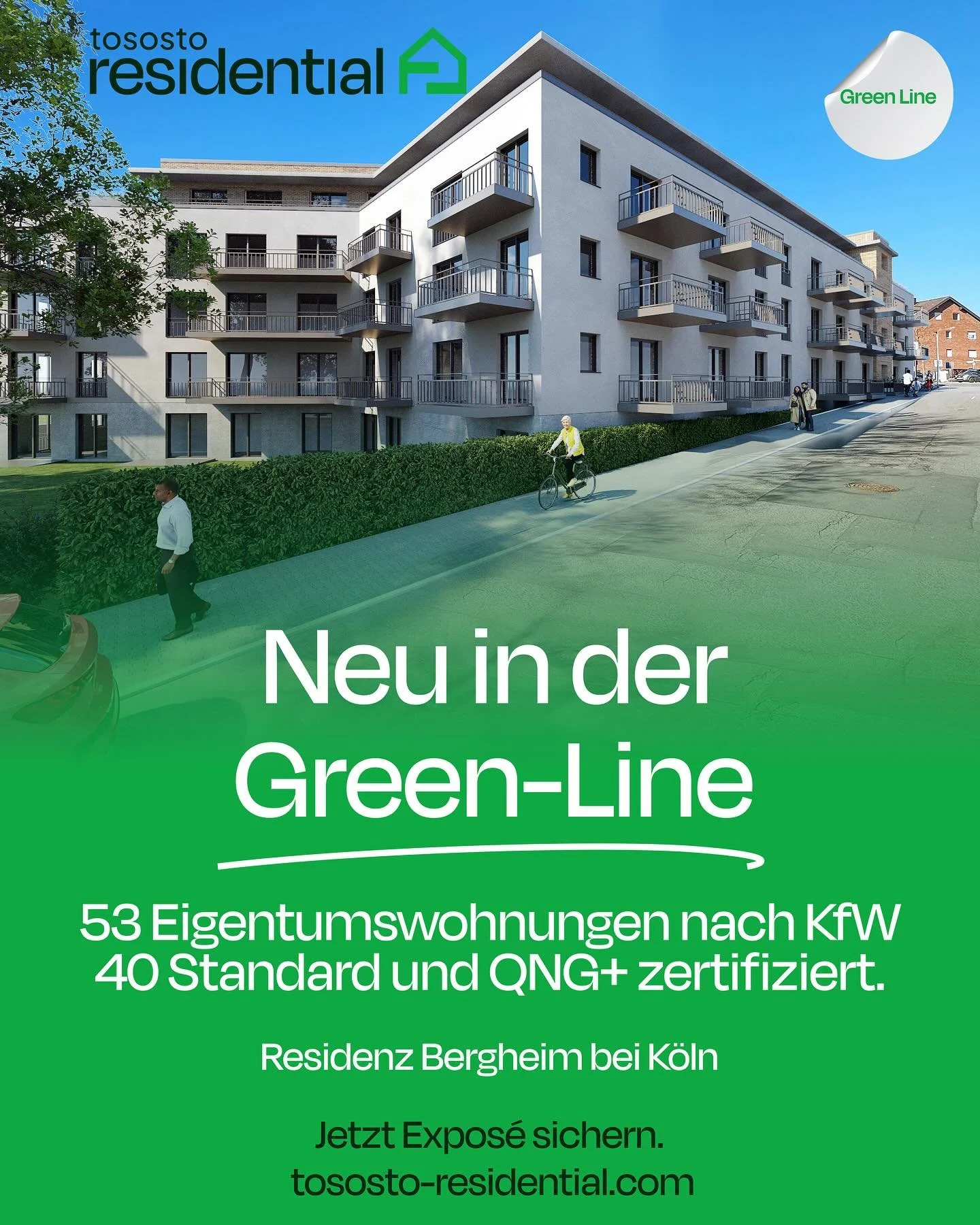 In Bergheim entstehen 53 moderne Eigentumswohnungen zwischen 40 m&sup2; und 110 m&sup2;. Barrierearm, komfortabel und zukunftssicher.
Dank integrierter Serviceangebote der Caritas sind die Wohnungen ideal f&uuml;r betreutes Wohnen im Alter, aber auch