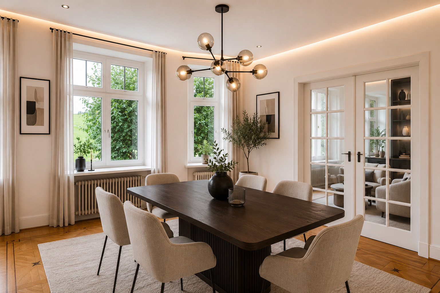 Moderner Esszimmerbereich mit dunklem Holztisch, beige Stühlen, großen Fenstern, Pflanzen, zeitgenössischer Lichtdecke und einer Glastür, die in ein Wohnzimmer führt.