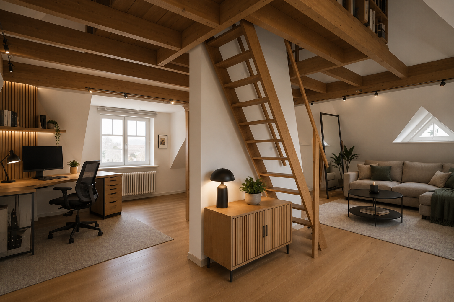 Gemütliches Wohnzimmer mit Holzdecke, Sofa, Couchtisch, Stehlampe, kleinem Regal, Arbeitsbereich mit Schreibtisch, Computer und Stuhl, Fenster, Treppe und Bücherregal.