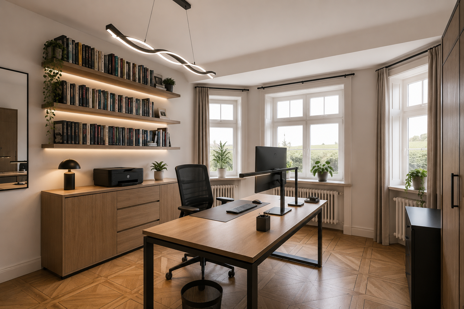 Ein modern eingerichtetes Büro mit großen Fenstern, Holzschreibtisch, schwarzer Bürostuhl, Bücherregal mit Bücher, Pflanzen und Beleuchtung.