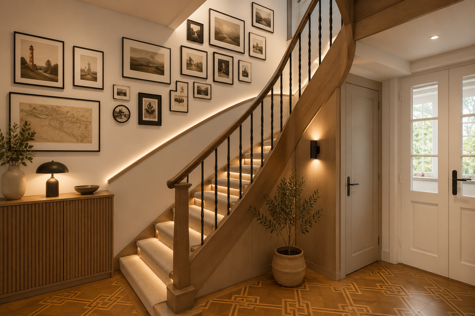 Ein heller Eingangsbereich mit einer Holztreppe, die nach oben führt. Die Wand über der Treppe ist mit mehreren schwarzen Bilderrahmen dekoriert, die Landschafts- und Naturbilder zeigen. Es gibt eine gepflanzte Pflanze in einem Korb, ein Sideboard mi