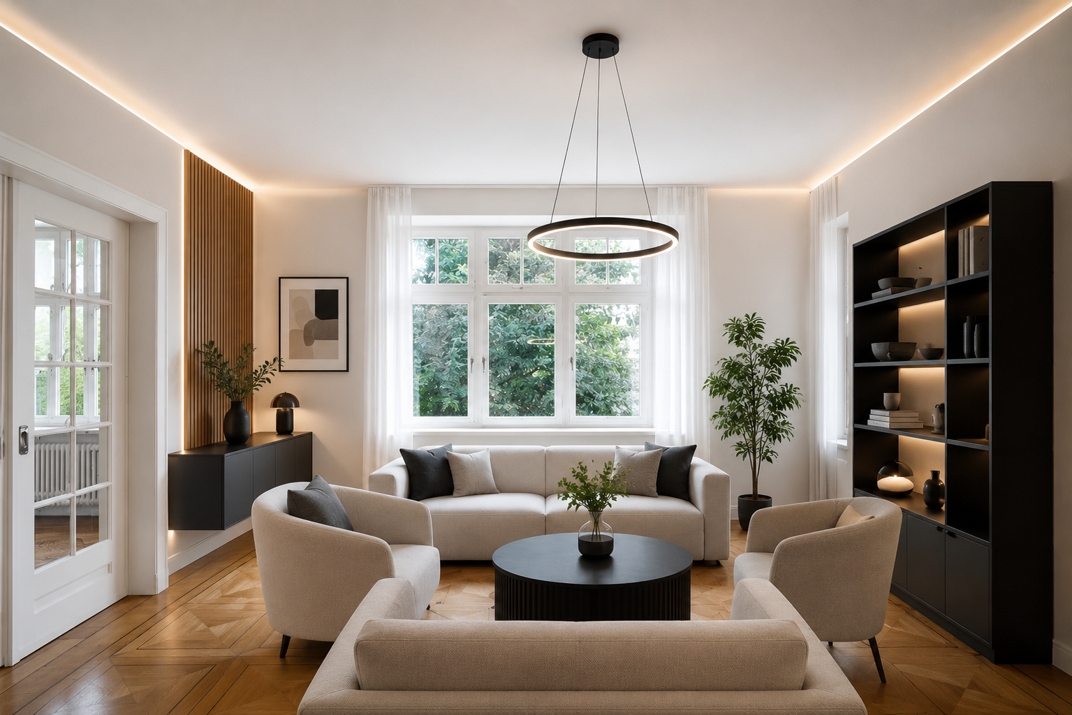 Modernes, minimalistisch eingerichtetes Wohnzimmer mit weißen Sofas, schwarzen und grauen Kissen, großen Fenstern, Holzboden, schwarzen Regalen, Pflanzen und einer Deckenleuchte.