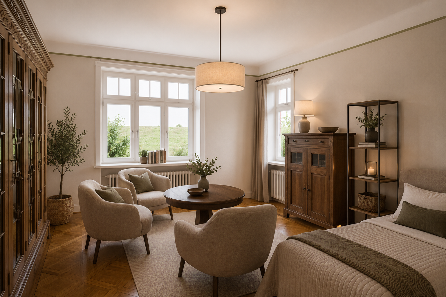 Ein gemütliches Wohnzimmer mit großen Fenstern, einem runden Holztisch, bequemen Stühlen, einem Bett, einem Holzschrank, einem Regal mit Pflanzen und Dekoration, warmem Licht und Holzboden.