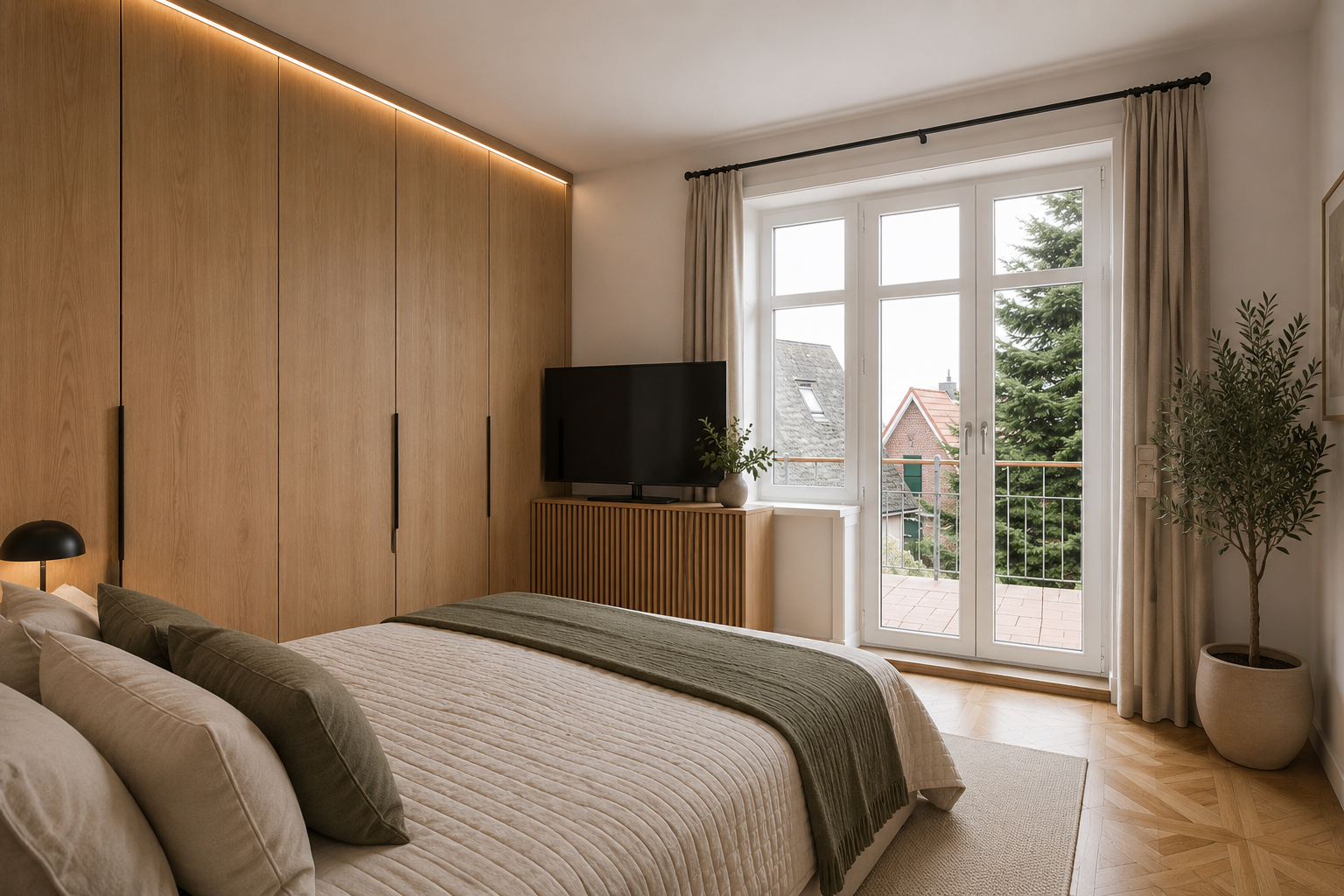Schlafzimmer mit Bett, großen Kleiderschrank, Fernseher, Balkon, Pflanzen und natürlichem Licht.