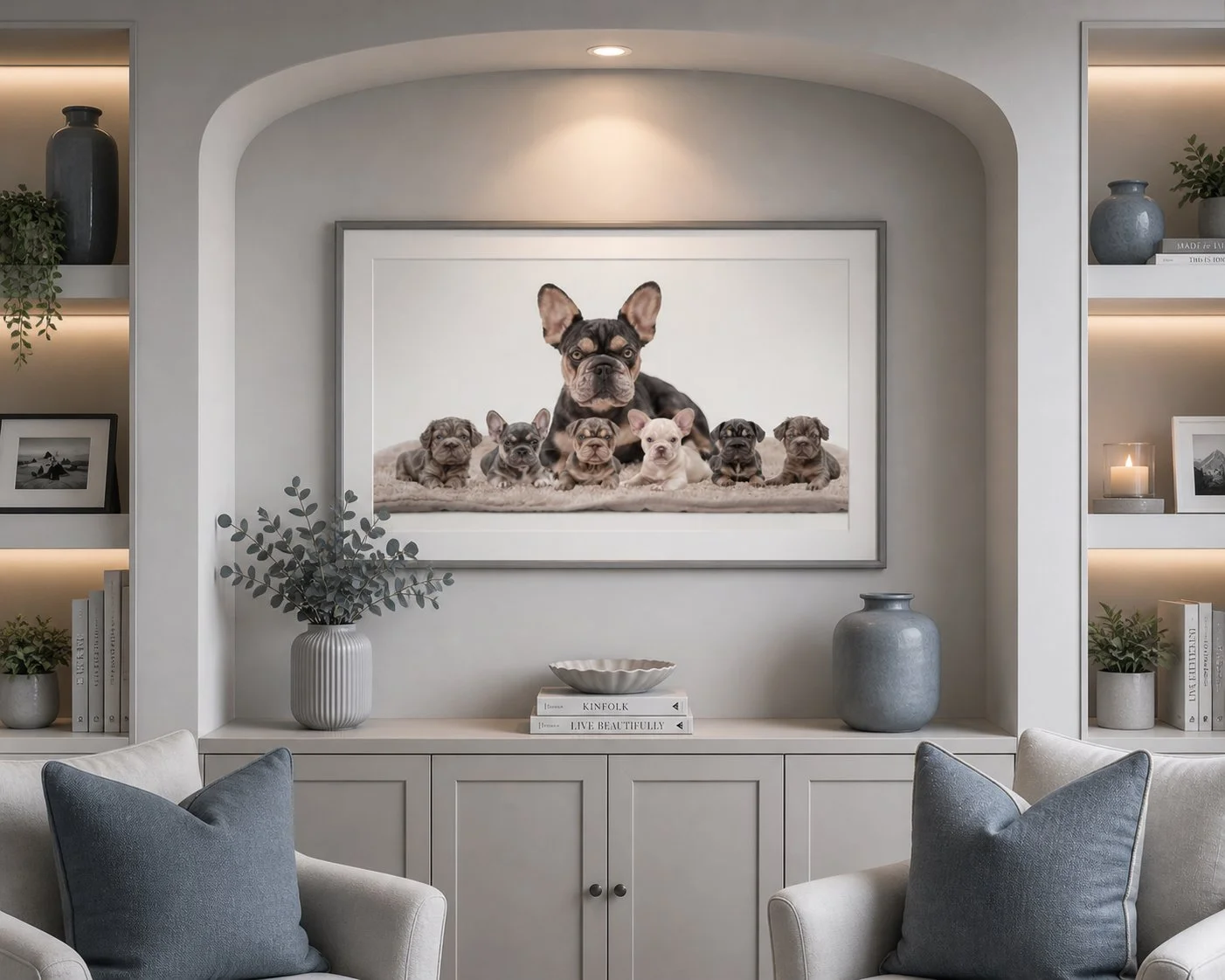 family of dog photograph with puppies in a living room