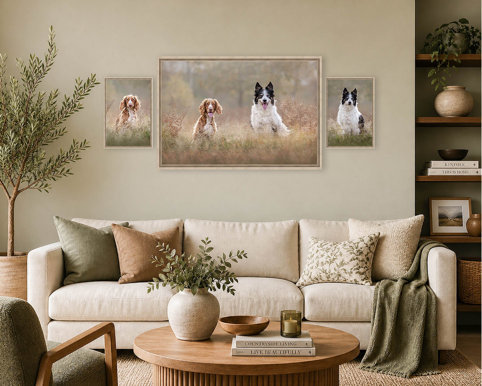 Photographic frame of 2 dogs in a living room setting