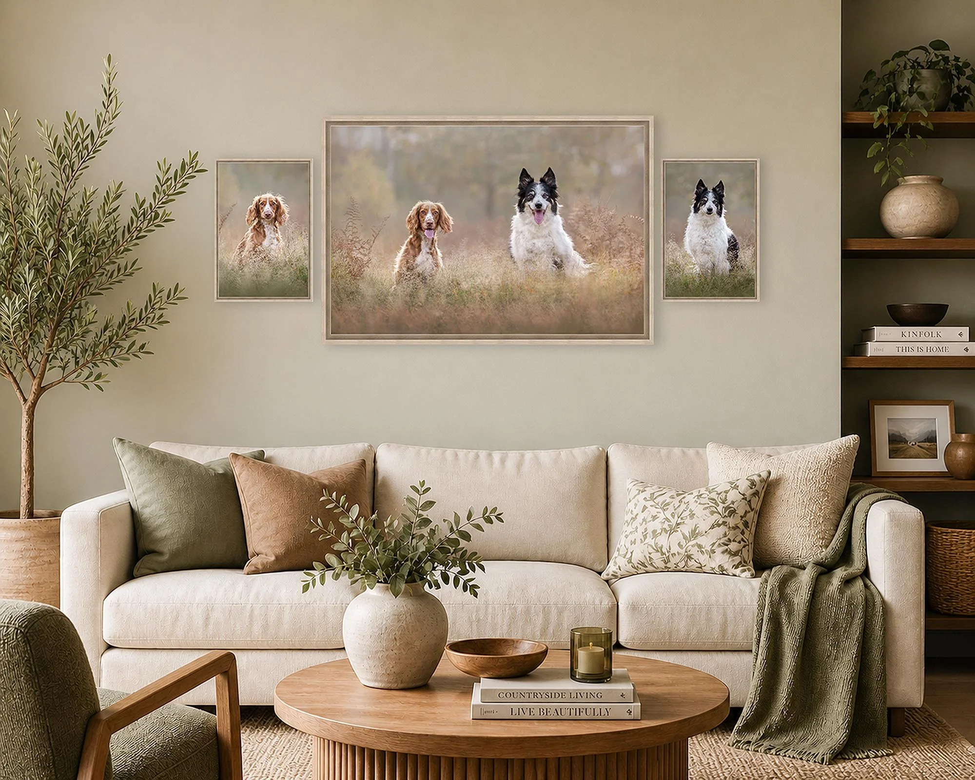 dog photography wall art on a living room wall