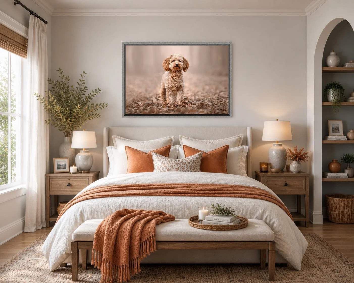 framed dog photograph above the bed in Chichester west sussex