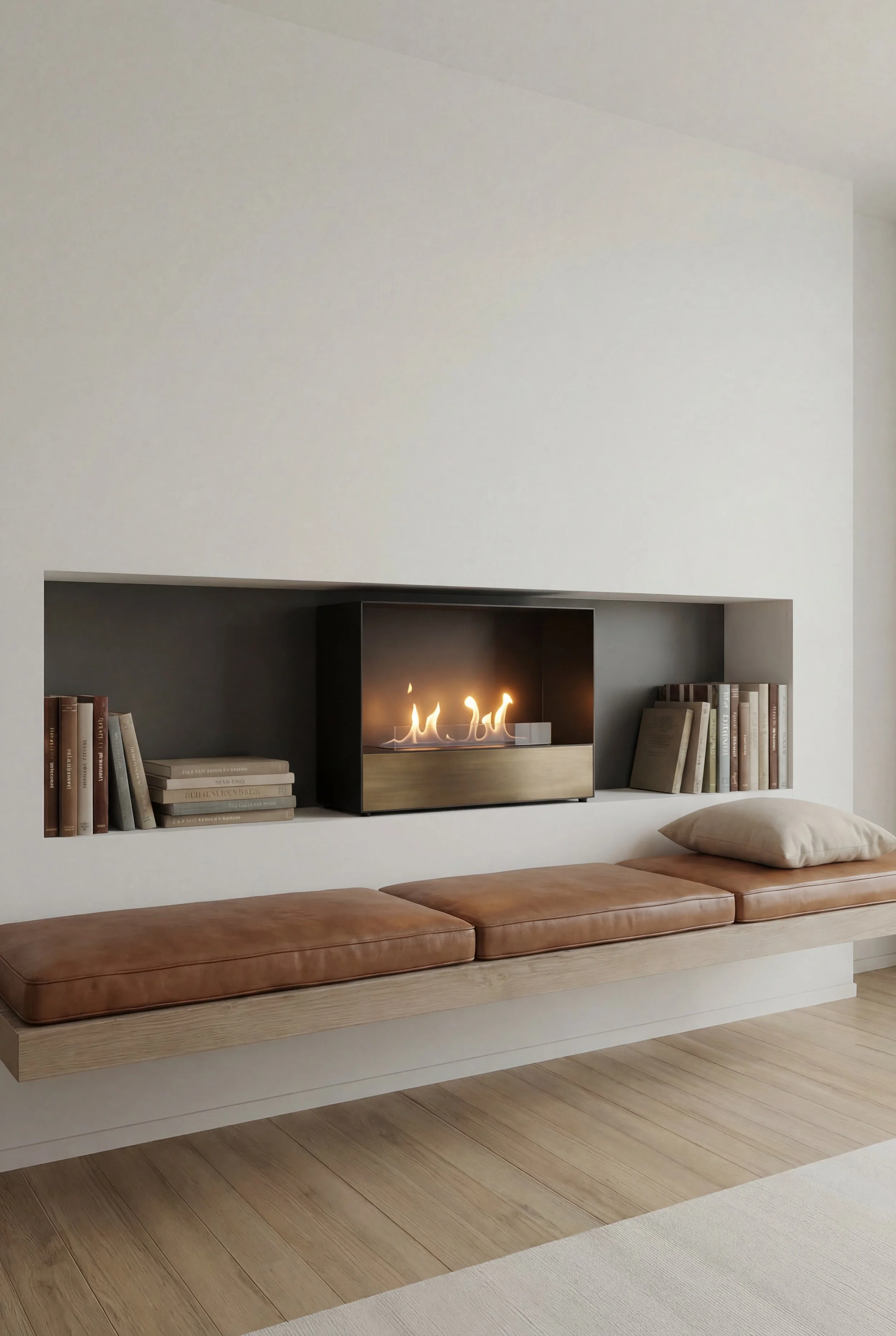 Milan fritstående biopejs stående i en indbygget hylde med omkringstående bøger og en elegant indbygget fritsvævende bænk med brune læderhynder.