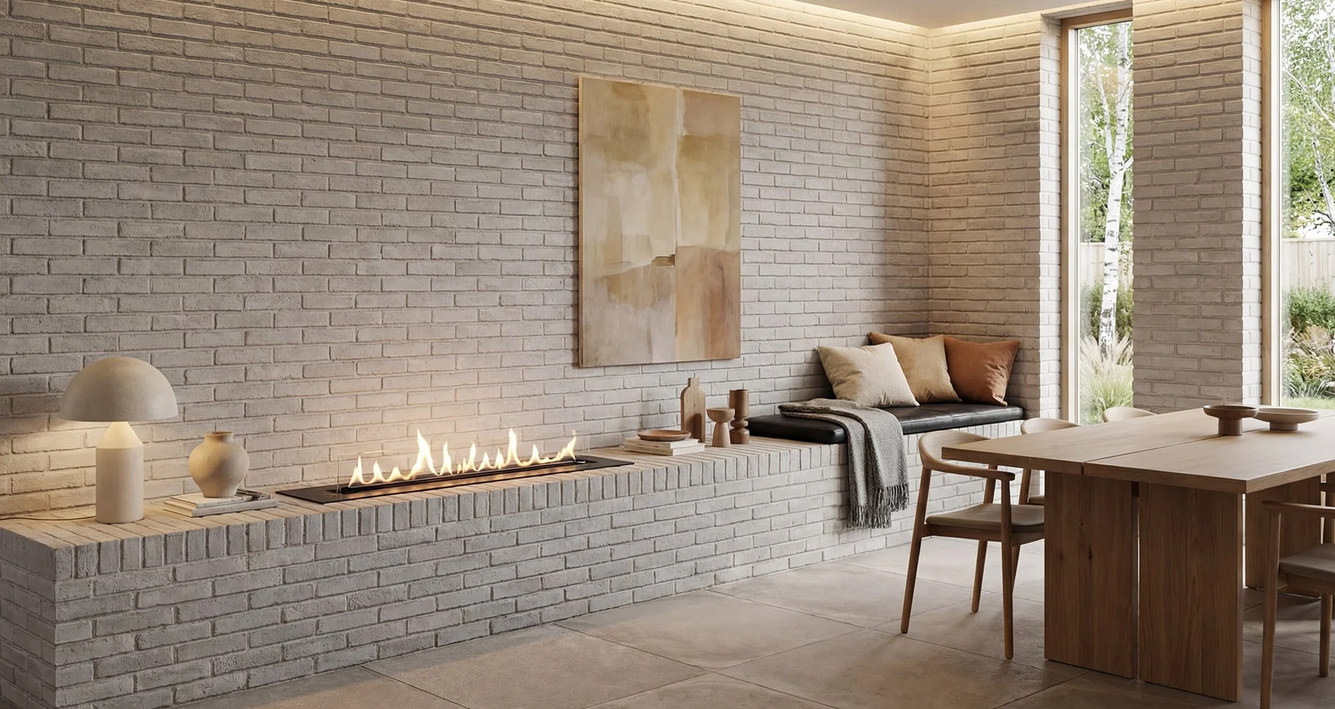 F6 Biobrænder placeret i en murstensbænk i en lys nordisk indrettet stue.