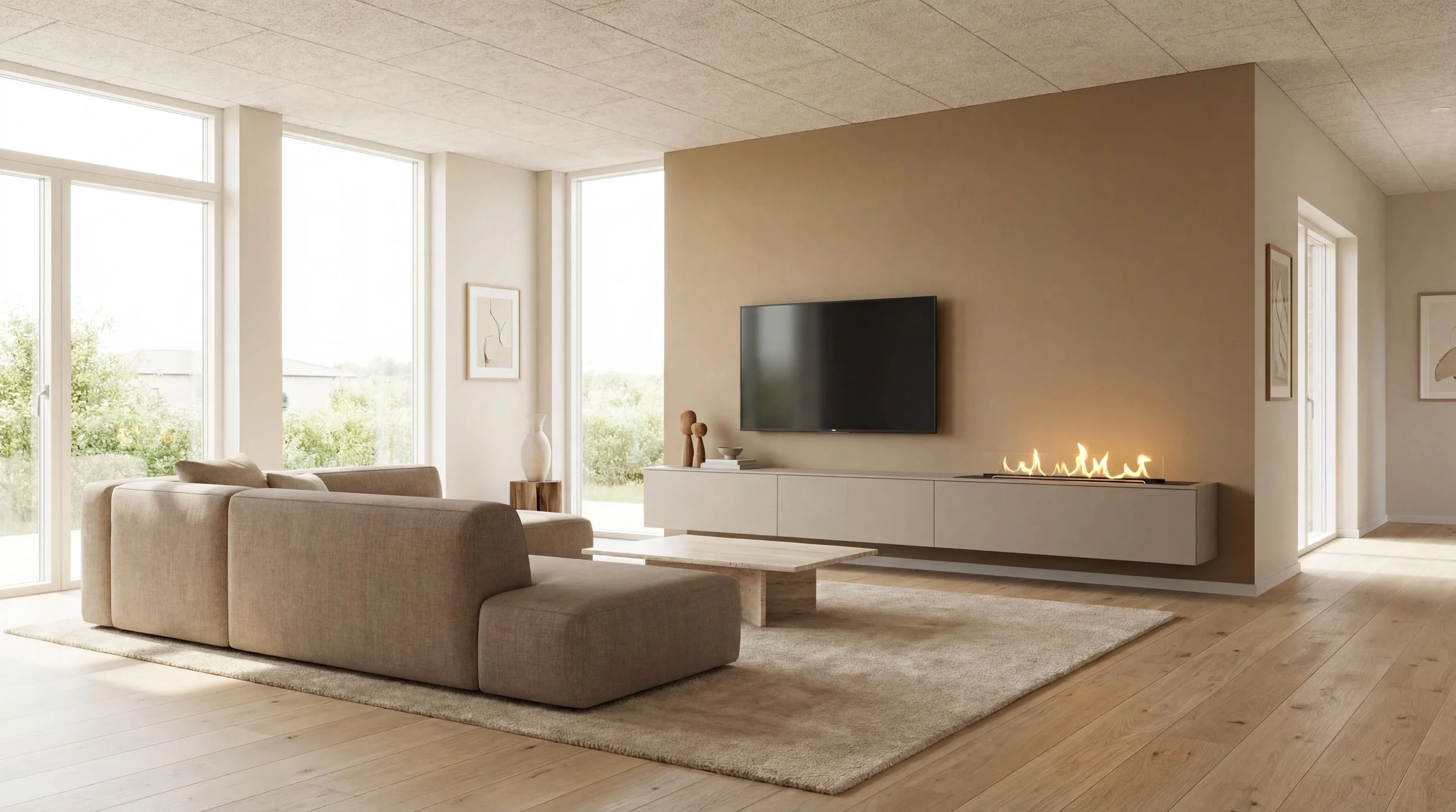 Moderne, minimalistisk stue med store gulv-til-loft-vinduer, lys trægulv og beige farvetoner. En stor, polstret hjørnesofa står på et lyst tæppe foran et lavt sofabord i træ. På væggen hænger et fladskærms-tv over et svævende skab, hvor en indbygget 