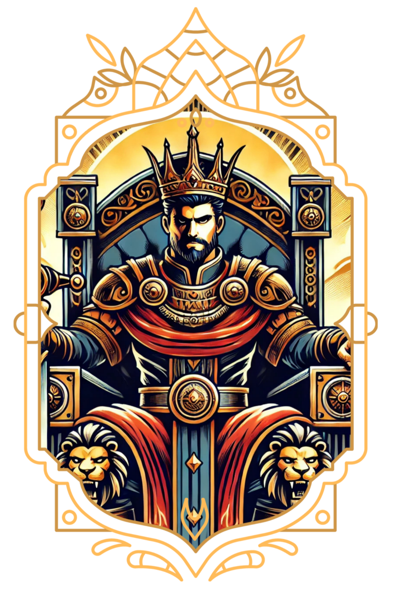 Digital illustration of a regal man dressed as a king sitting on a throne, wearing a crown, with lions at his feet, ornate details, and a gold and black color scheme.