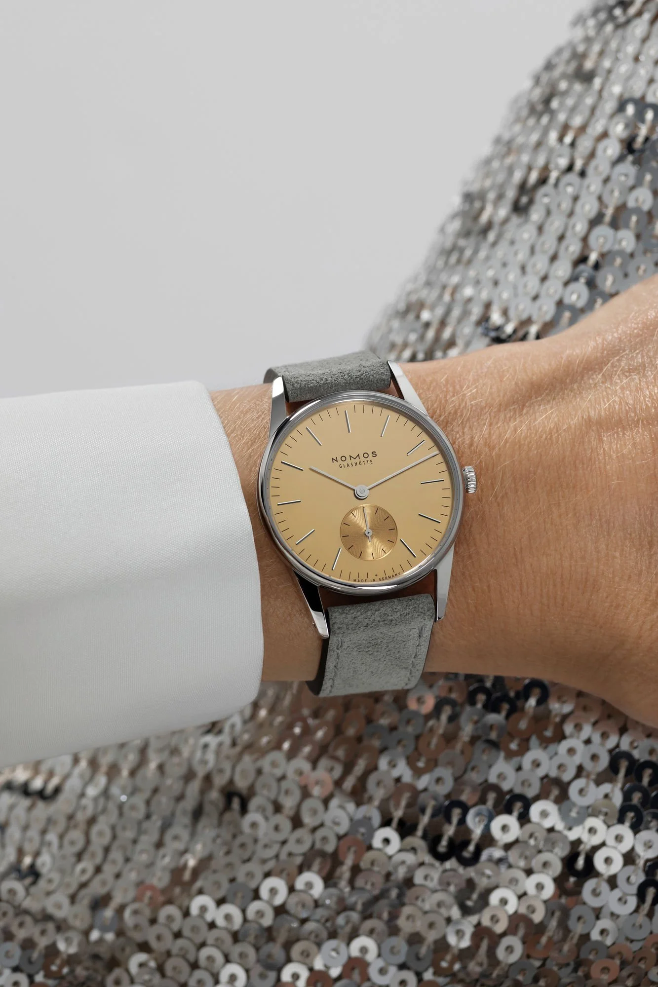 Nomos Orion 33 Gold wrist shot