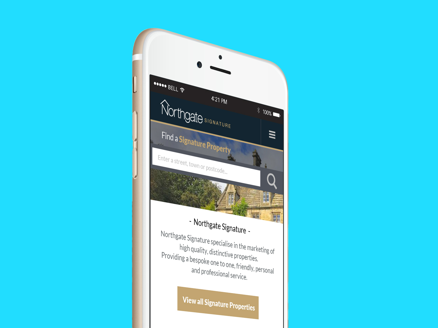 An iPhone showing the Northgate Signature website with a search bar and a property description on a bright blue background.