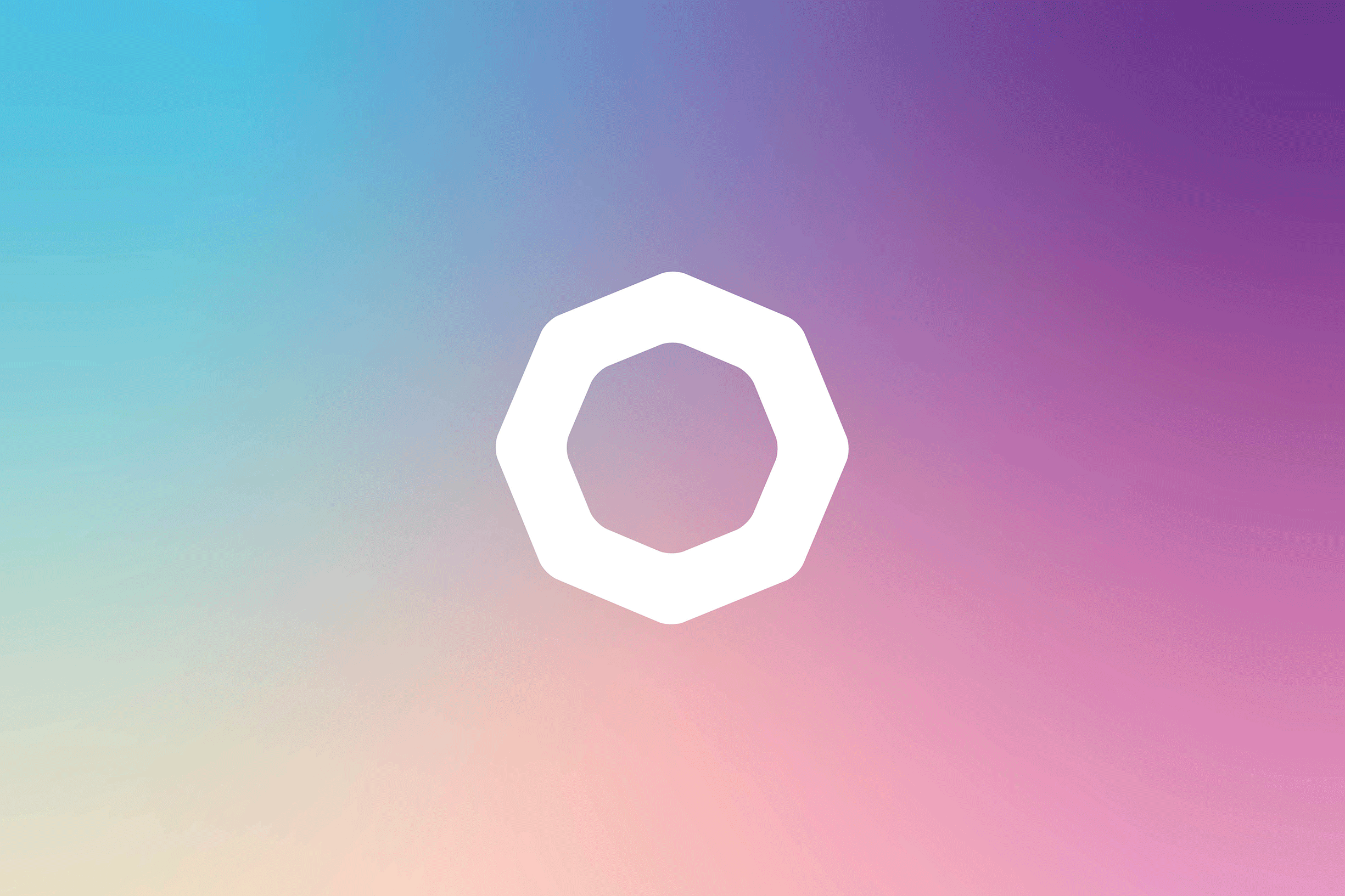 A colorful gradient background with a white hexagon-shaped logo in the center.