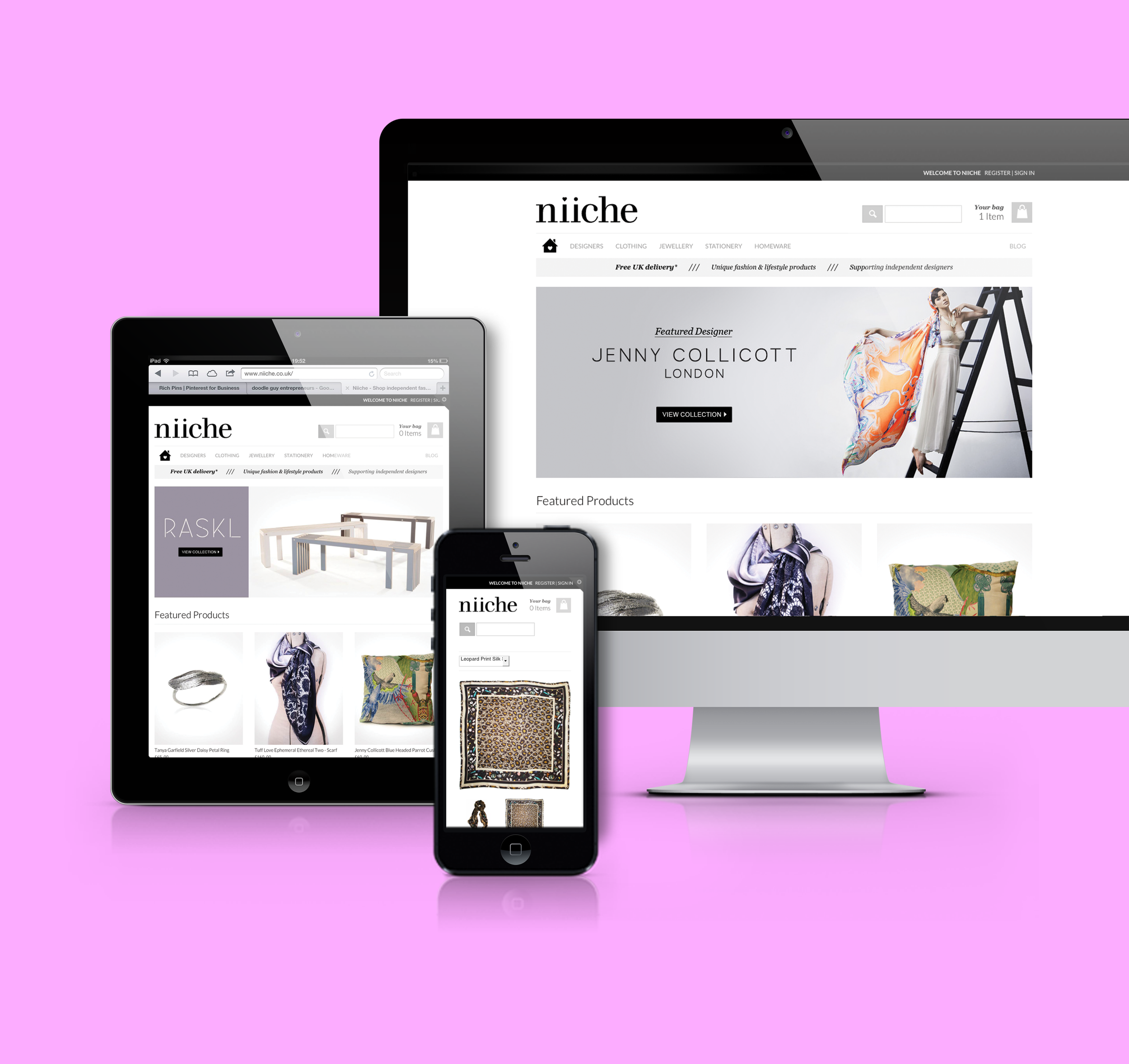 Multiple electronic devices displaying an online shopping website with home decor and fashion items, set against a pink background.