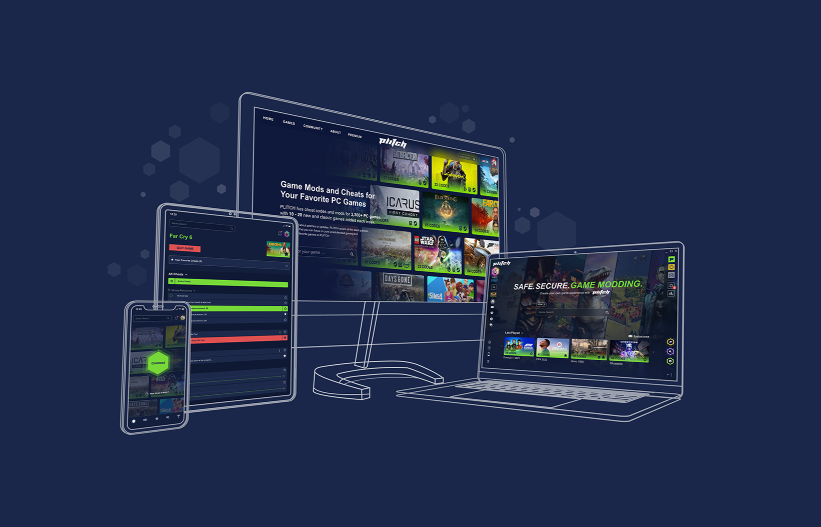 Digital illustration of multiple electronic devices displaying gaming software interfaces, including a smartphone, tablet, laptop, and desktop monitor. The screens show game titles, cheat codes, and modding tools with a dark blue background and hexagonal pattern.