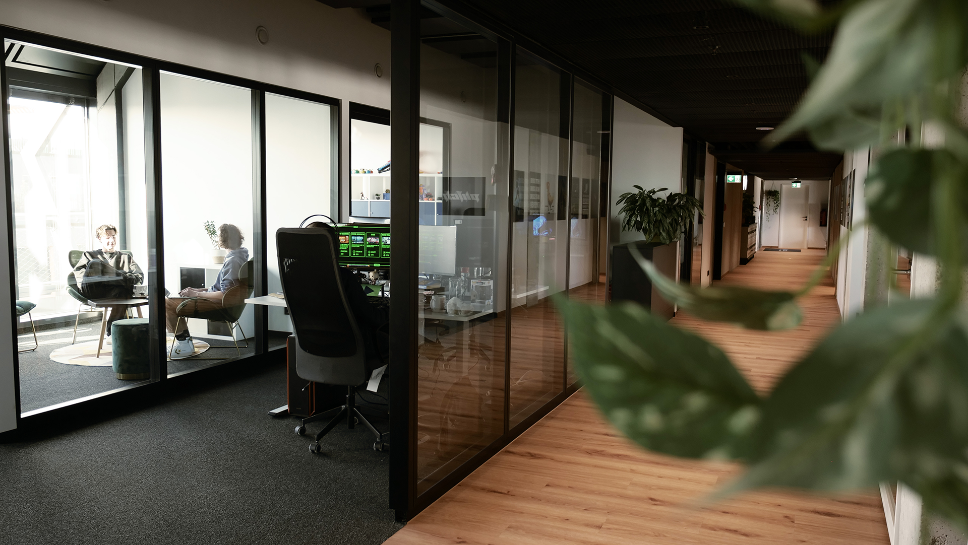 Office corridor with glass-walled meeting room on the left, two people sitting and talking inside, and green plants along the corridor, with wooden flooring and ceiling.