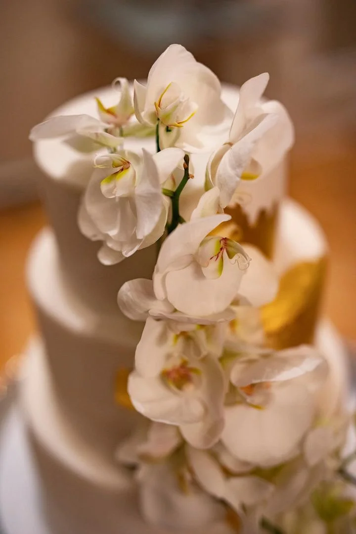 White fondant cake with white orchids and gold leaf