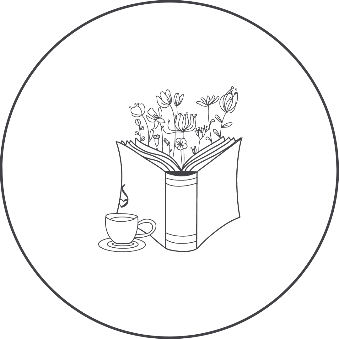 An illustration of a book with flowers and a cup of coffee.