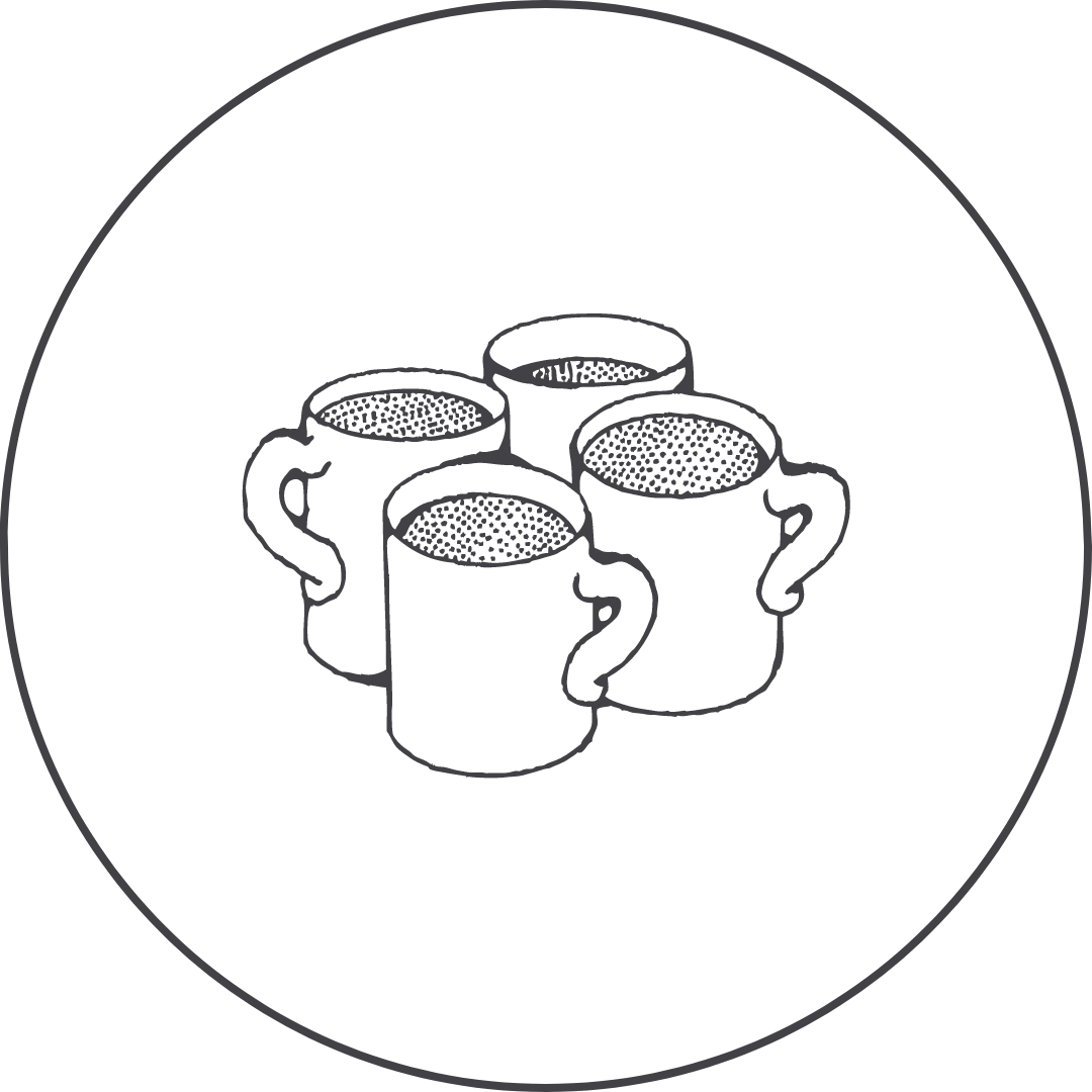 An illustration of four coffee mugs.