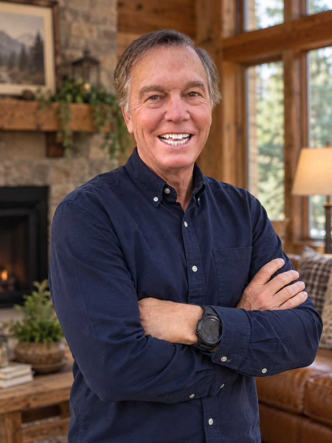A smiling man with crossed arms standing in a cozy, wood-paneled living room with large windows, a fireplace, and mountain artwork.