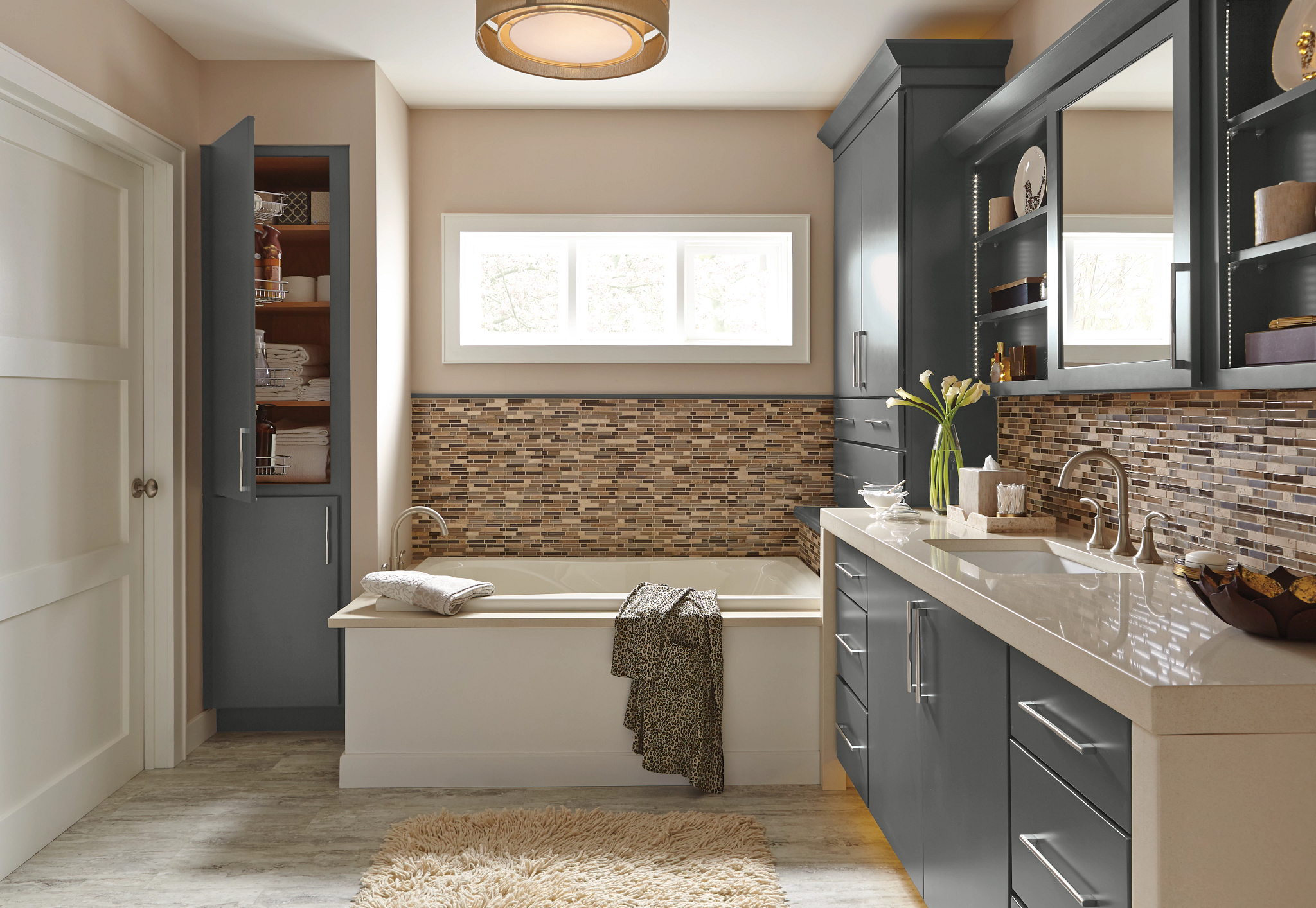 A modern master bath remodel with plenty of built-in storage.