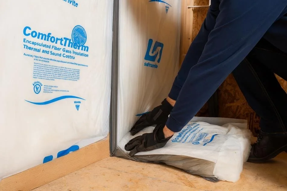 A professional is installing faced insulation on a job site.