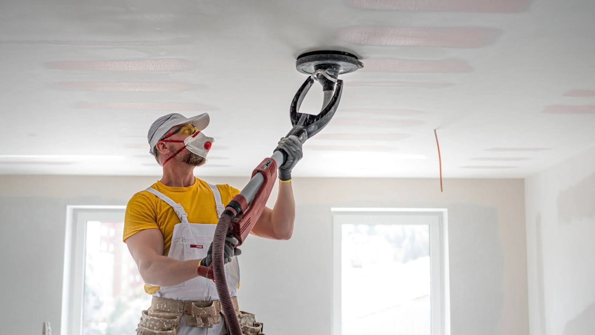 A contractor is sanding drywall panels on the ceiling of a newly constructed home.