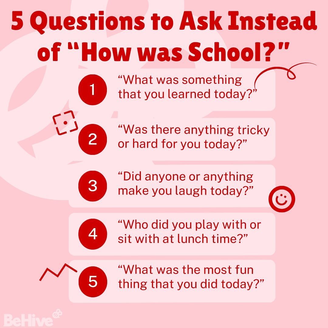 Tired of one-word answers? 🐝

🎒💬 Try these 5 creative questions to spark meaningful conversations and help your child open up about their day! Asking more specific, fun, and thoughtful questions can lead to deeper connections and insight into how 