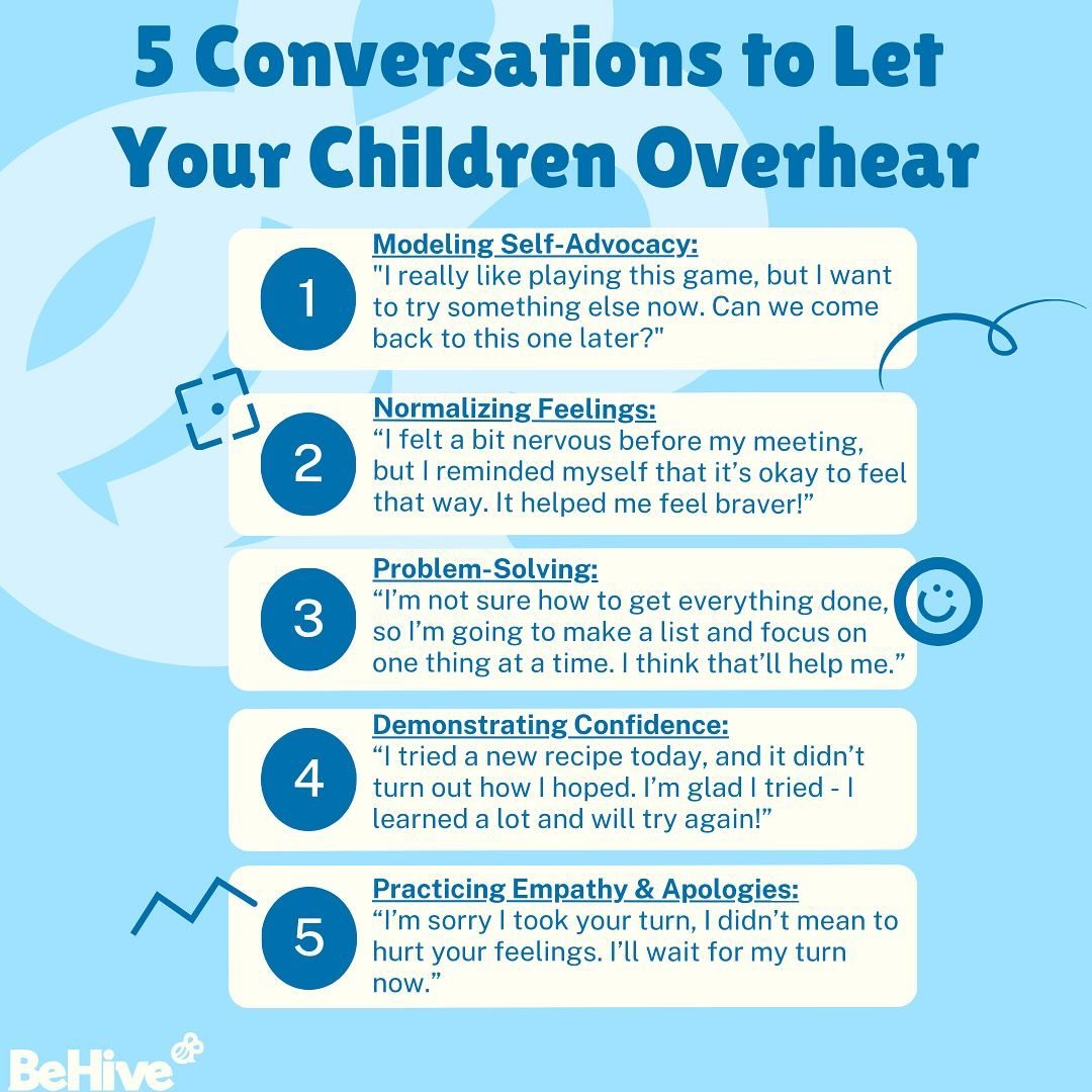What do you want your children to overhear? 🐝

Letting kids &ldquo;overhear&rdquo; positive, intentional conversations can be a powerful way to promote confidence, self-advocacy, and emotional growth! Here are some easy, everyday conversations that 
